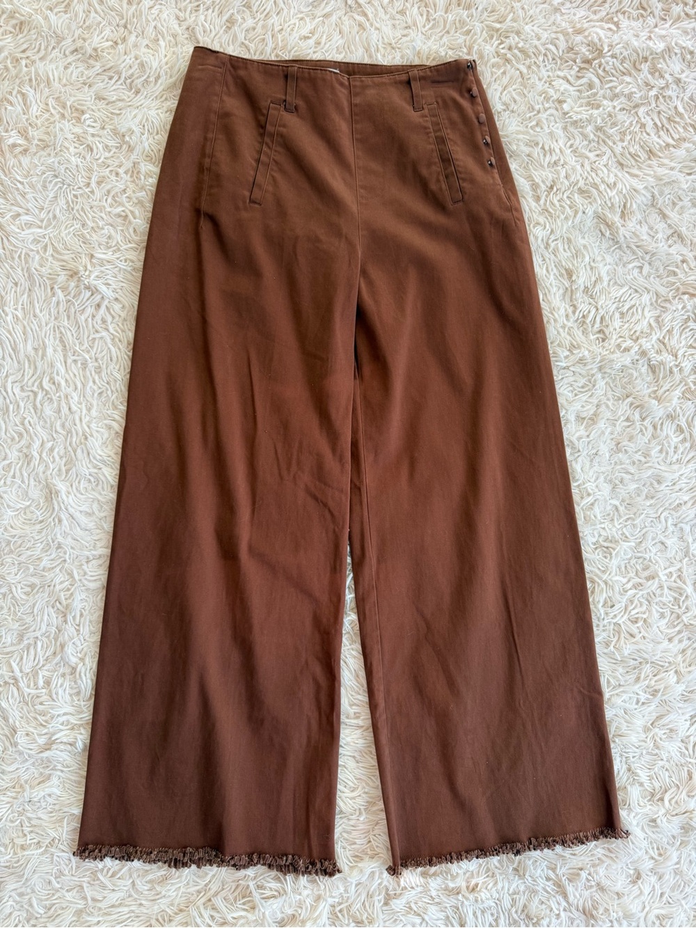 A Loves A Brown Wide Leg Pants Button Side Raw Hem Cotton Stretch Size 2